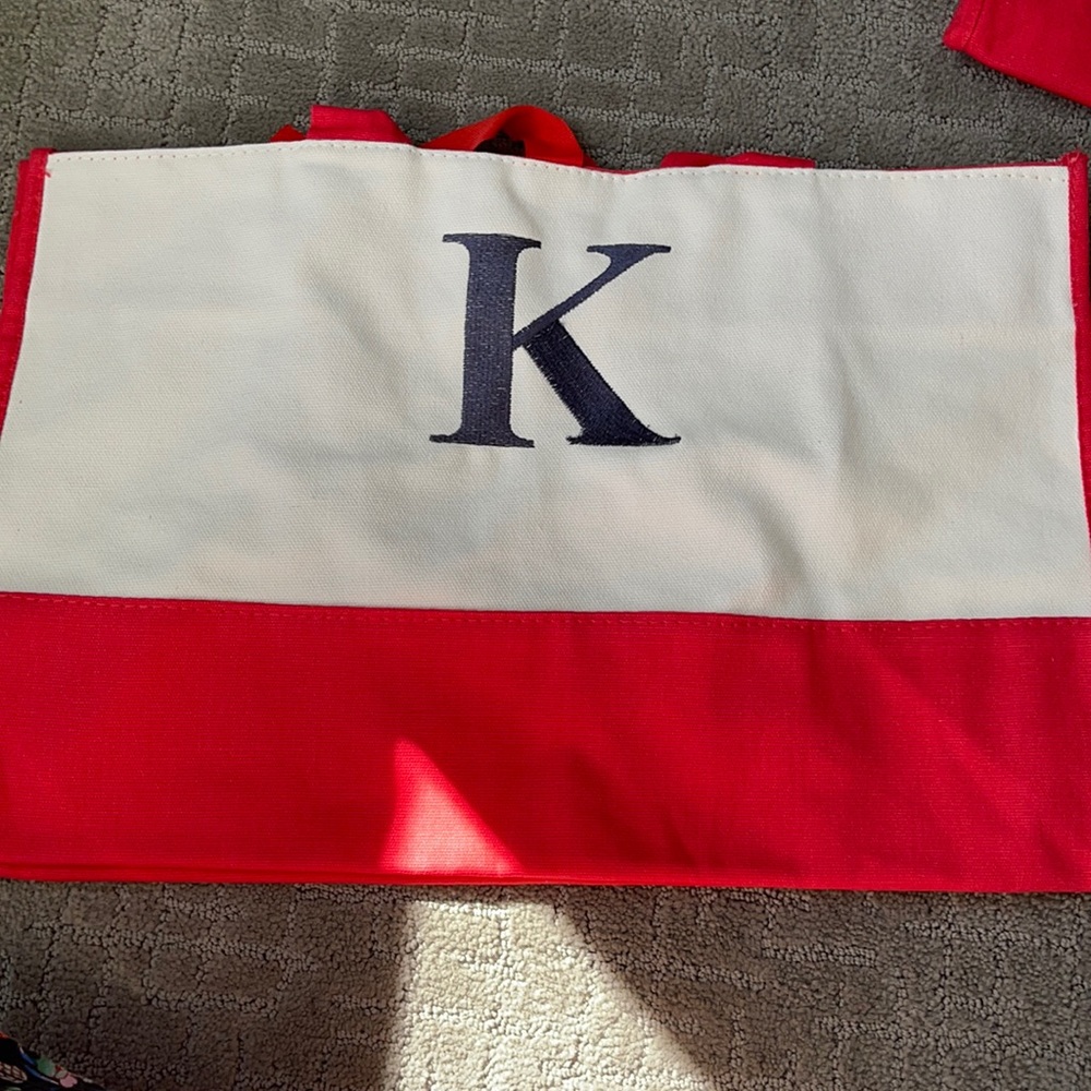 Embroidered K red & Natural canvas Tote bag